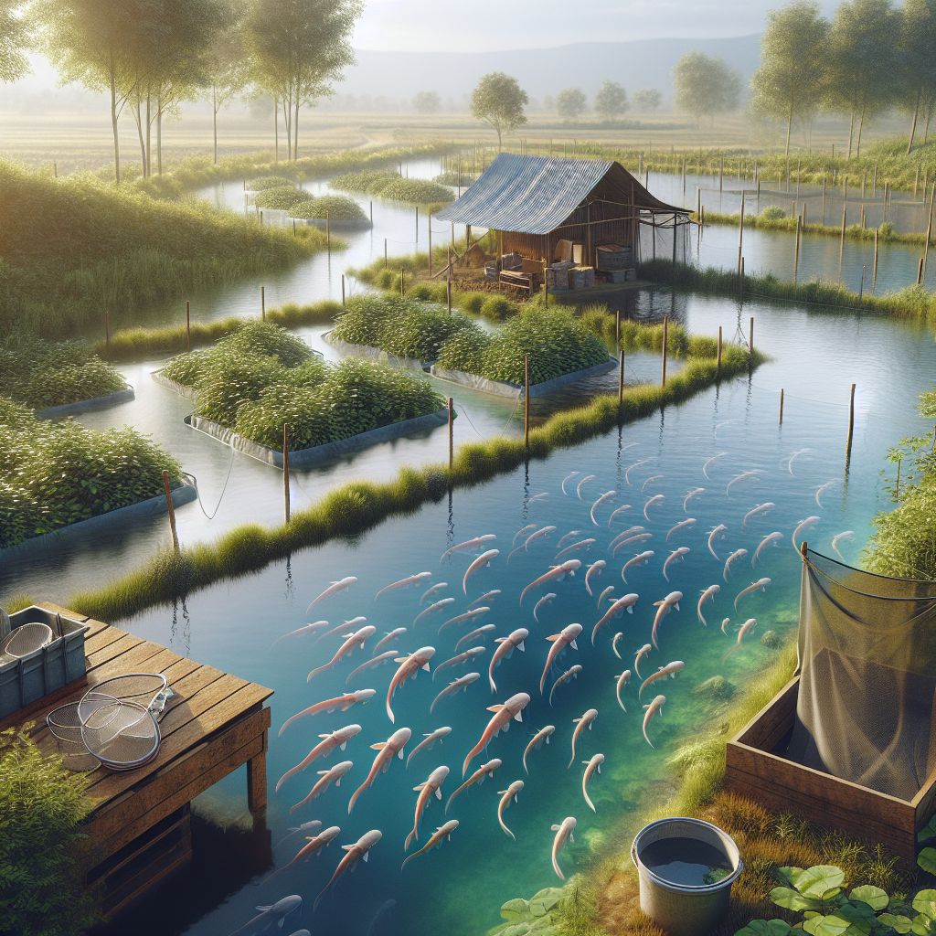 A photo-realistic image of a serene fish farming setup for catfish (lele) in a rural area, captured with a Sony A7s camera profile. The scene includes large, clean ponds filled with water, some young catfish swimming, and the surrounding area features lush greenery. There are tools and equipment such as nets and buckets nearby, and a small wooden shed in the background that serves as a storage area for supplies. The lighting is natural, depicting a bright, sunny day.