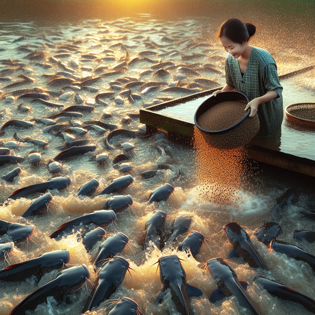 A photo-realistic image of a fish farmer feeding catfish in a large outdoor pond. The farmer is scattering dedak, a type of bran feed, on the water's surface. The scene captures the shimmering water with hungry catfish eagerly surfacing to eat. The photograph is taken with a Sony A7S camera profile, ensuring crisp clarity and vibrant colors in natural daylight, highlighting the texture and movement of the feeding fish.