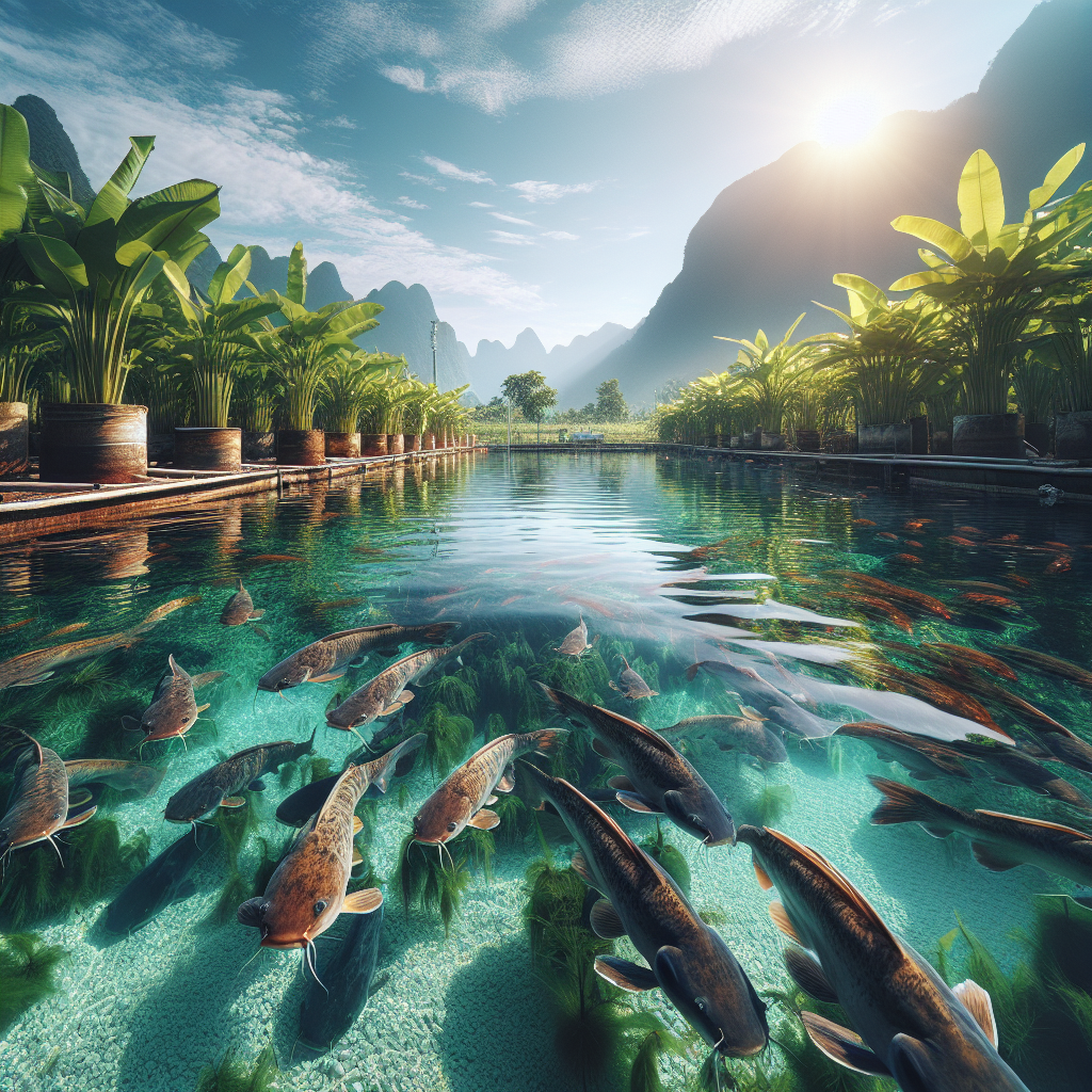 Photo-realistic image of a fish farm with a focus on catfish (lele) swimming in a clean pond. The setting shows the use of organic and sustainable farming practices, with natural elements like aquatic plants and clear water. The scene is captured with a Sony A7S camera profile, ensuring vivid colors and sharp details, under a bright and clear sky.