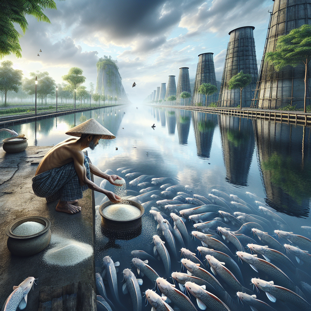 A photo-realistic image of a catfish farm where a farmer dressed in casual attire is feeding catfish with grains of rice. The setting is a serene aquaculture pond, with clear water reflecting the surroundings. Captured in high detail using a Sony A7S camera profile, ensuring sharp and vivid imagery with natural lighting.