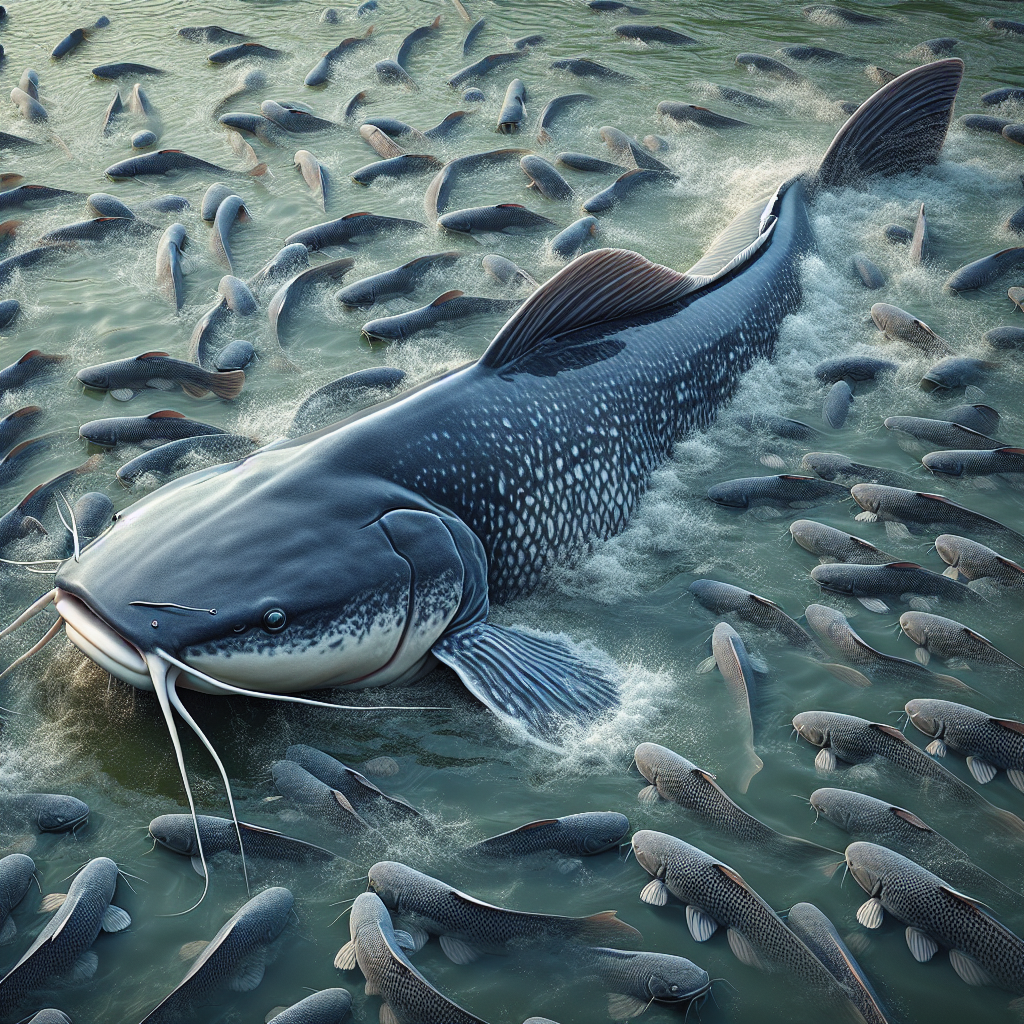 A photorealistic image of a catfish in a fish farming pond, surrounded by various smaller fish. The catfish is swimming calmly, exhibiting natural behavior in its environment. The image is clear and detailed, capturing the textures of the water and fish scales, as if taken with a Sony A7S camera profile.