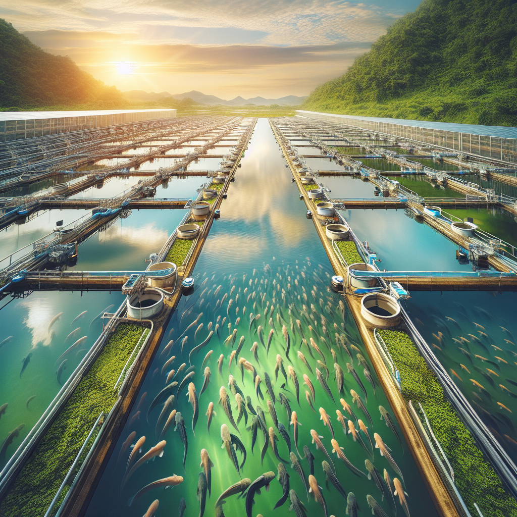 A detailed and realistic photo of a modern catfish farm, capturing the organized rows of aquaculture tanks filled with clear water and healthy, thriving catfish. The focus is on the vivid green environment and well-maintained facilities, with a clear sky reflecting in the water. The image is sharp, high-definition, and shot with a Sony A7S camera profile for true-to-life colors and details.