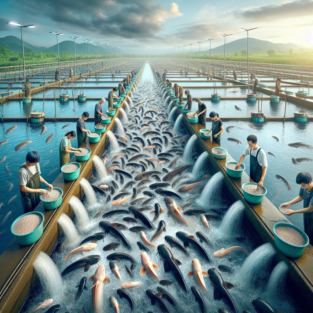 Photo-realistic image of a catfish farm, showcasing large pools filled with catfish being fed. The scene is captured using a Sony A7S camera profile for high fidelity and clarity. The workers are seen gently distributing feed into the water, with vibrant greenery in the background and a clear blue sky overhead, emphasizing the process of catfish farming.