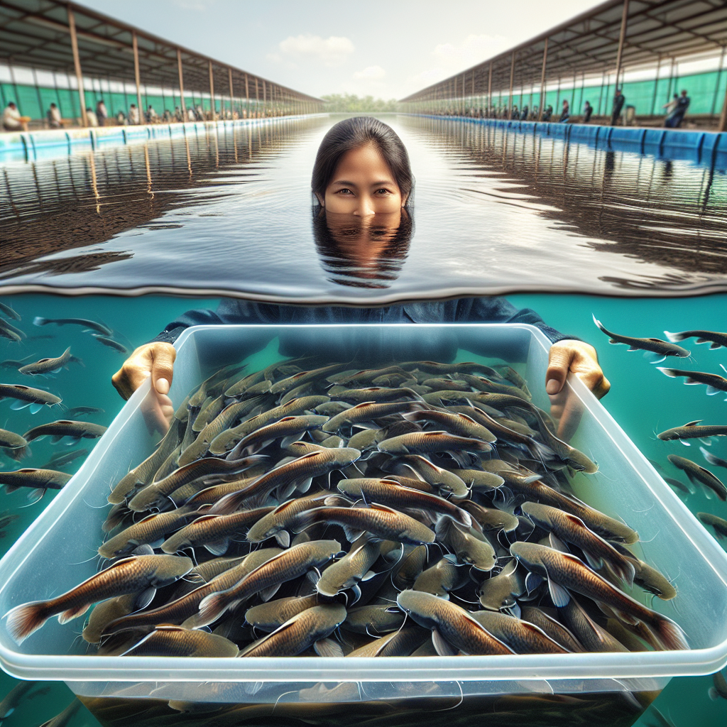 A close-up, photo-realistic image of a fish farmer holding a container with 100 healthy, young catfish fingerlings (bibit lele) in clear water. The background shows a well-maintained fish farm with clean ponds. The image captures details of the fish and the water, with natural lighting enhancing the vibrant, glossy scales of the catfish. The shot is taken using a Sony A7S camera profile for high clarity and vividness, ensuring there is no blur.