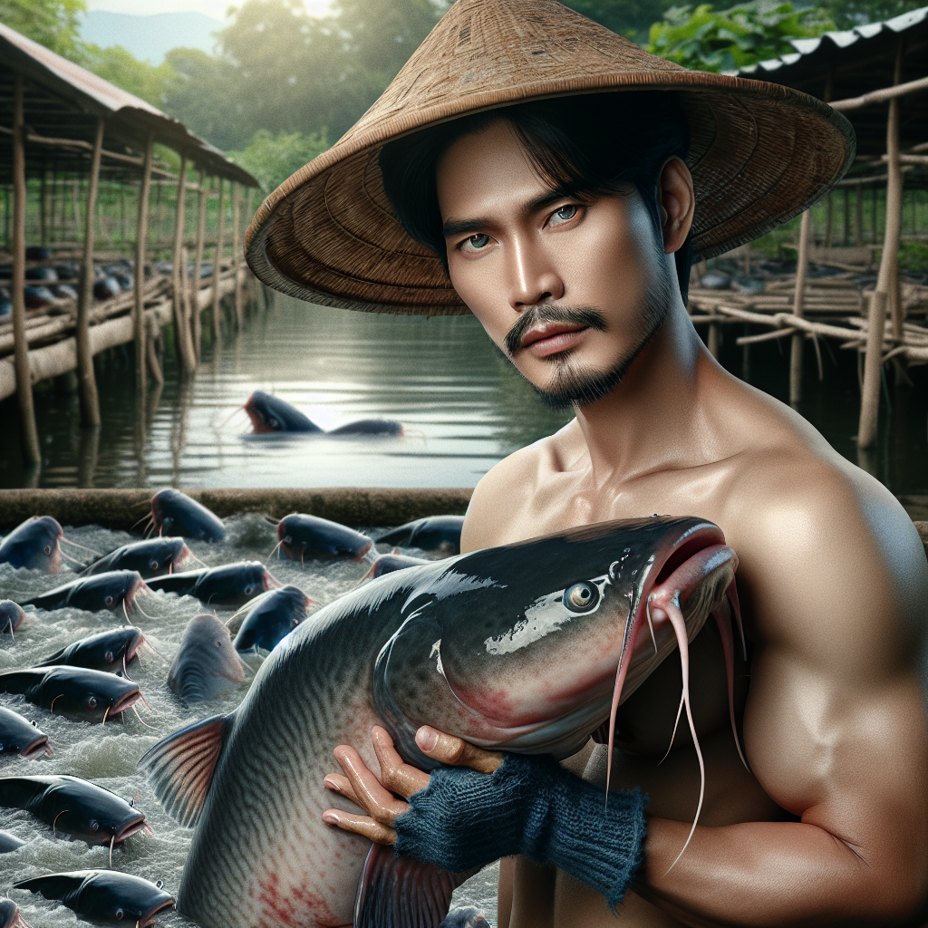 A photorealistic image of a fish farmer holding a large, freshly-caught catfish, surrounded by a pond full of lele (catfish) in a serene fish farm setting. The image should be captured using a Sony A7S camera profile, with clear details and vibrant colors that highlight the texture of the fish and the natural environment.