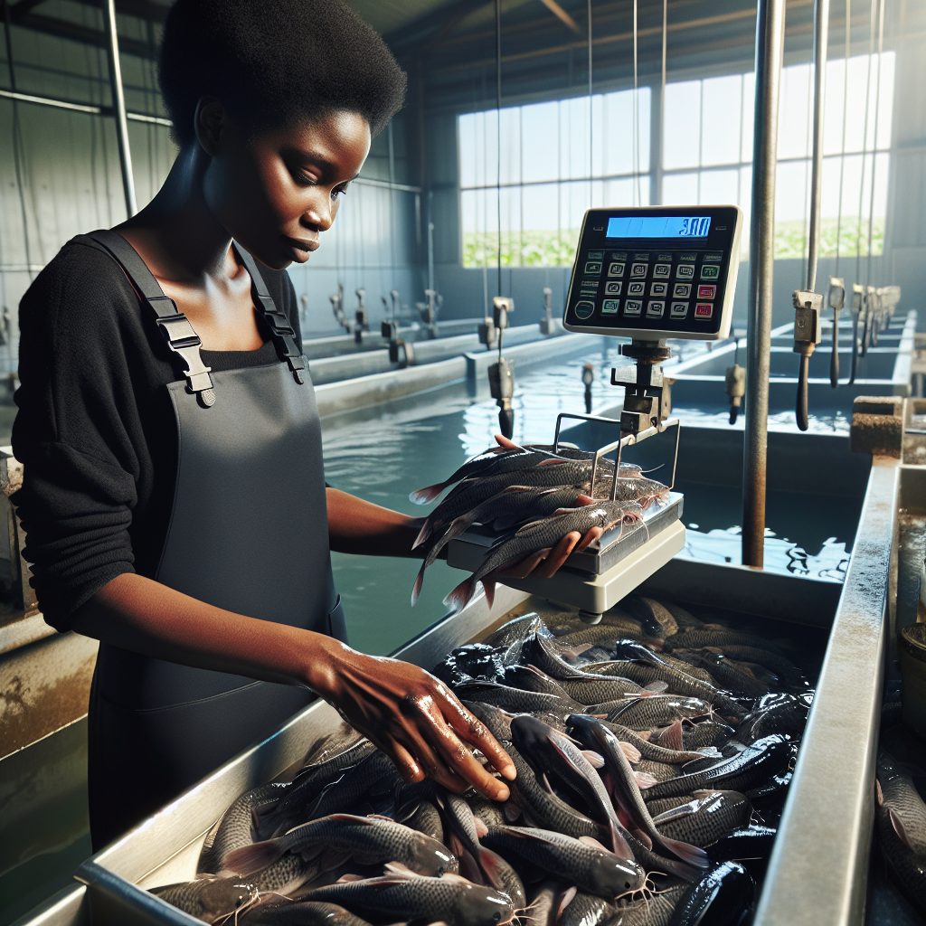 A photo-realistic image of a fish farmer weighing a batch of catfish fingerlings on a digital scale. The scene is set in a well-equipped fish farming facility with tanks and equipment visible in the background. The lighting is natural and clear, showcasing the farmer's hands carefully handling the fish. The image should have precise detail, mimicking a shot taken with a Sony A7S camera for high-quality clarity and resolution.