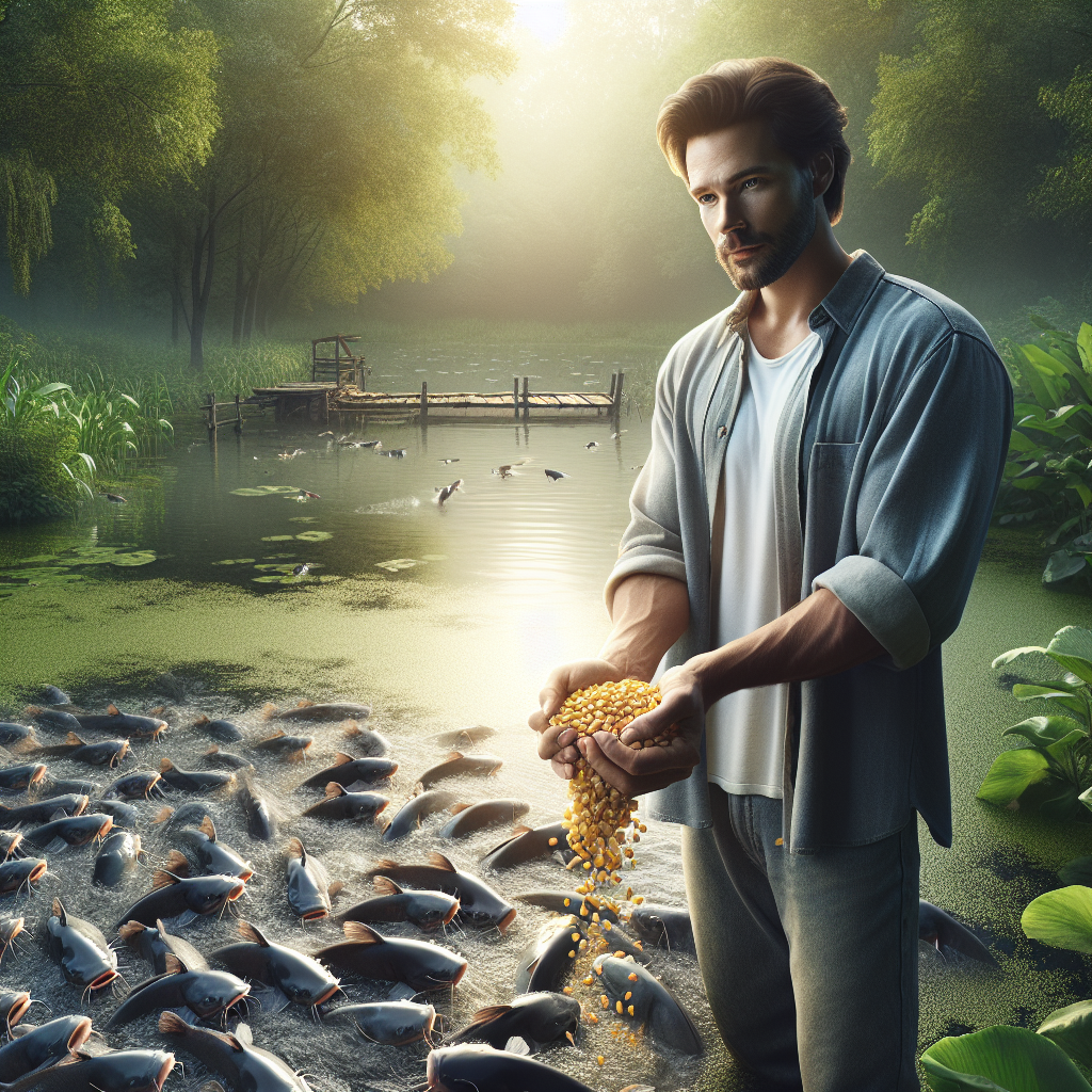 A photorealistic image of a fish farmer holding a handful of corn above a pond filled with catfish, captured in a clear, high-resolution shot using a Sony A7S camera profile. The scene should depict a serene pond environment with the farmer in casual outdoor attire, focusing on the concept of feeding fish corn, surrounded by lush greenery under a bright, natural daylight.