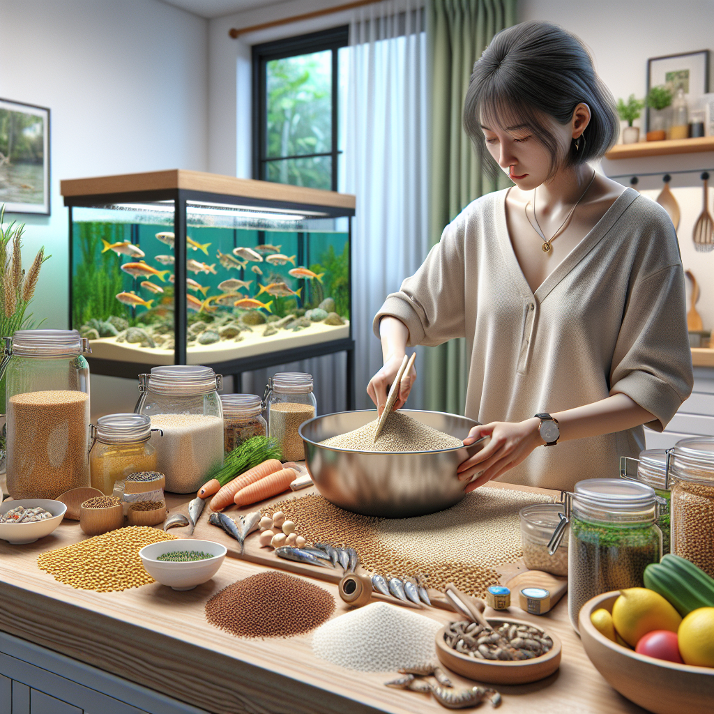 "Photorealistic image of a person preparing homemade catfish feed at home, surrounded by various natural ingredients such as fish meal, grains, and vegetables. The scene is captured with a Sony A7S camera profile, ensuring sharpness and clarity, with a focus on the step-by-step process of mixing and shaping the feed against the backdrop of a small indoor fish farming setup."