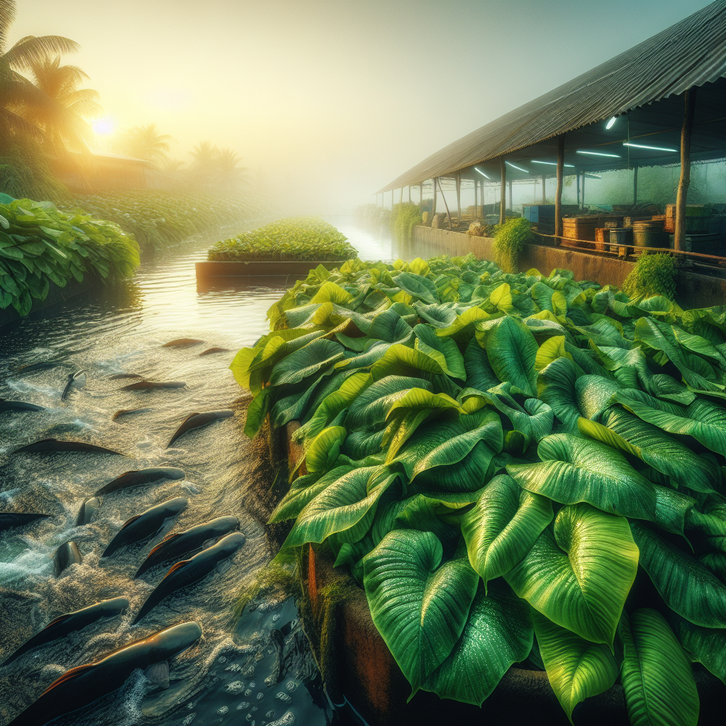 Photo-realistic image of lush, nutrient-rich leaves being used as feed for catfish in a fish farming environment. The leaves are vibrant and healthy, surrounded by a setting that highlights a productive and well-maintained fish farm. Capture this scene in a high-resolution, clear image with vivid colors and detailed textures, using Sony A7S camera profile for sharpness and clarity.