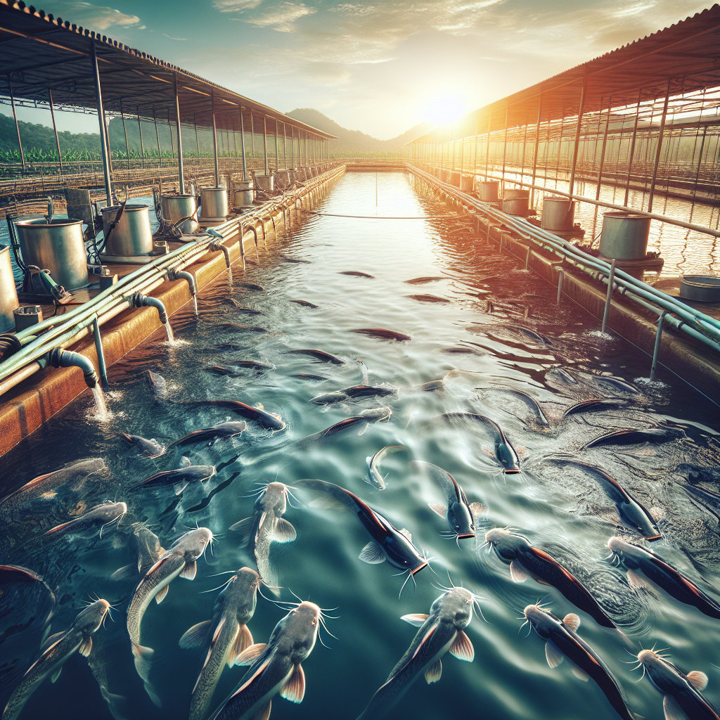 A realistic, high-resolution photo of an actively operating fish farming setup focused on catfish (lele) cultivation, captured with a Sony A7S camera profile. The scene includes a spacious and well-maintained outdoor pond filled with water, where several healthy catfish are visible swimming. The surroundings feature neatly arranged equipment and monitoring tools, reflecting a well-managed aquaculture environment under natural sunlight. The rich texture of the pond surface and clear, detailed views of the fish are emphasized, without any blur, conveying a sense of efficient fish farming practices.