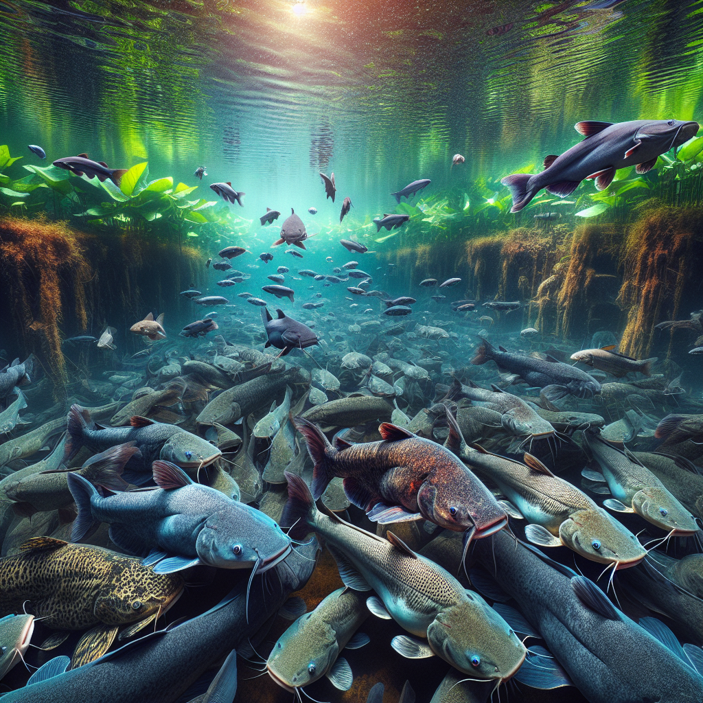 A photorealistic image of a lively and thriving fish farming environment featuring several large catfish (lele) swimming in clear water. The scene is captured using a Sony A7S camera profile, highlighting the vibrant colors and details of the fish scales and aquatic plants. The setting is well-lit, with visible ripples on the water surface and reflections of surrounding greenery, emphasizing the healthy and rapidly growing lele fish.