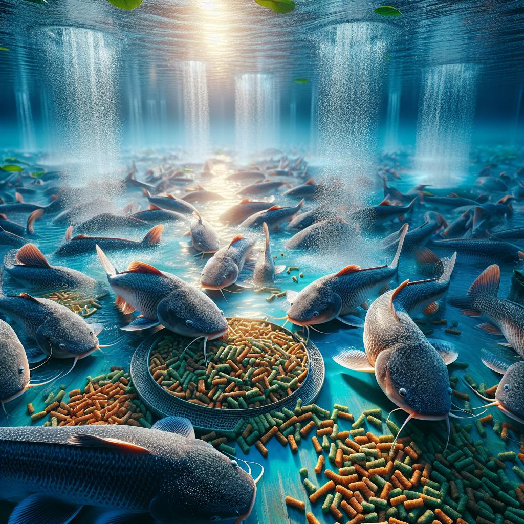 A photo-realistic image of a fish farming scene set in an aquaculture environment. The focus is on African catfish (ikan lele) feeding on high-quality pellets in a clear blue pond. The scene captures the texture and detail of the fish and water, highlighting the vibrant colors and movement. The image is taken using a Sony A7S profile camera for sharpness and clarity, with natural lighting reflecting on the water surface and creating a serene atmosphere.