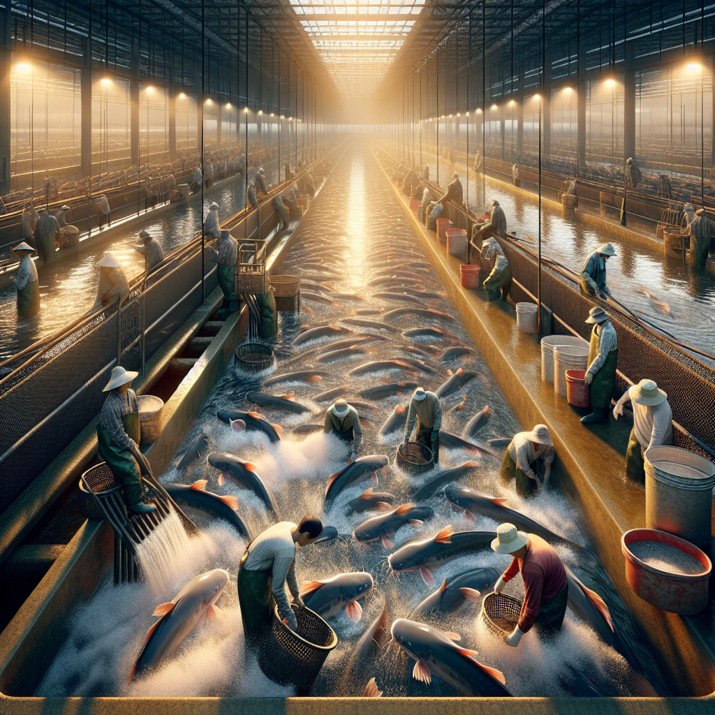 A photo-realistic image of a bustling fish farm with workers harvesting mature catfish from large, clear water tanks. The scene is captured using a Sony A7S camera profile, ensuring high clarity and vivid detail in natural lighting.