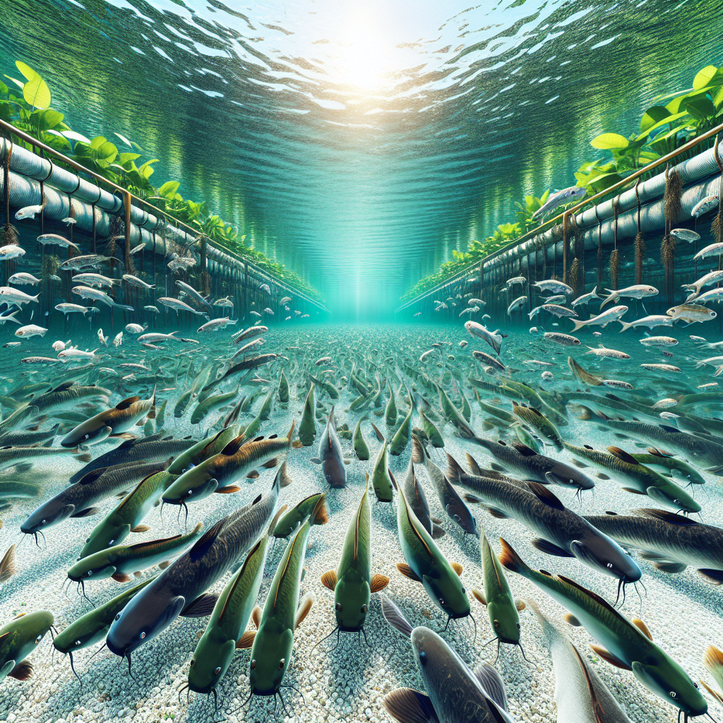 "Photo-realistic image of a fish farming pond with catfish (Ikan Lele) being fed their favorite food, captured with a Sony A7S camera profile. The scene includes clear water, healthy catfish, and detailed feed pellets or aquatic plants. The environment is well-lit and vibrant, showcasing a thriving aquaculture setting."