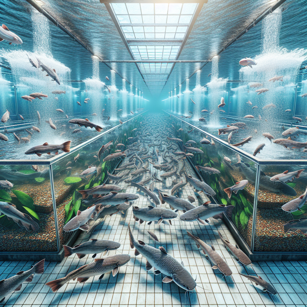 A photorealistic image of a vibrant fish farming environment, showcasing a variety of feeds that make catfish grow quickly. The scene features several tanks with healthy, large catfish, and an assortment of high-quality, nutrient-rich foods that are contributing to their rapid growth. The setting appears meticulously organized, with clear water and visible details of fish movement. Captured with a Sony A7S camera profile, emphasizing clarity and detail, with natural lighting that highlights the dynamic aquatic setting.