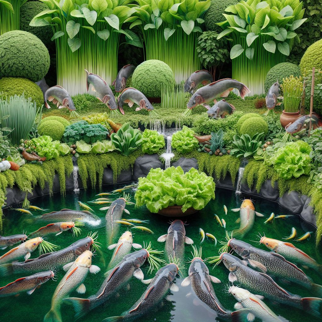 "Photo-realistic image of a vibrant, thriving fish farm with lush green vegetables alongside a serene pond, filled with lively catfish being fed fresh greens, captured in high definition using a Sony A7S profile camera."