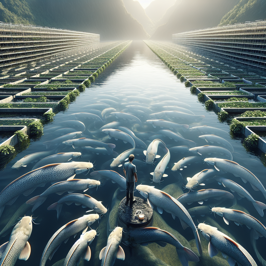 A photo-realistic image of a catfish farm, captured with a Sony A7S camera profile. The scene shows a series of large, clean ponds filled with water, each teeming with healthy, mature catfish. The surrounding area is lush with green vegetation, and you can see a hardworking farmer in the background checking the fish. The lighting is natural, showcasing a clear day with soft sunlight illuminating the entire fish farming area, highlighting the smooth water surface and the subtle details of the fish scales.