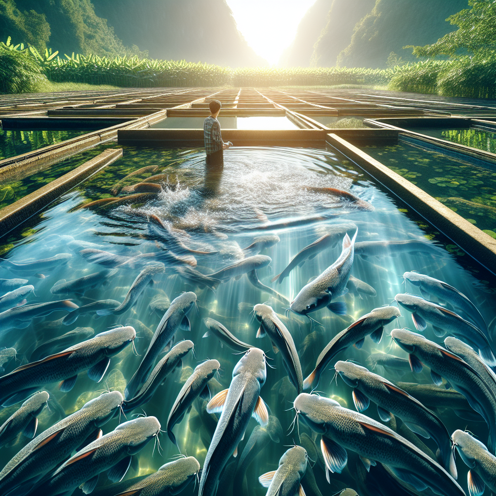 A photo-realistic image of a catfish farm, showcasing numerous catfish swimming in clear, clean water. The scene is captured with a Sony A7S camera profile, emphasizing sharp details and vibrant colors. The setup includes large tanks or ponds with healthy catfish, surrounded by lush greenery and a bright, sunny day, illustrating a sustainable and safe farming environment.