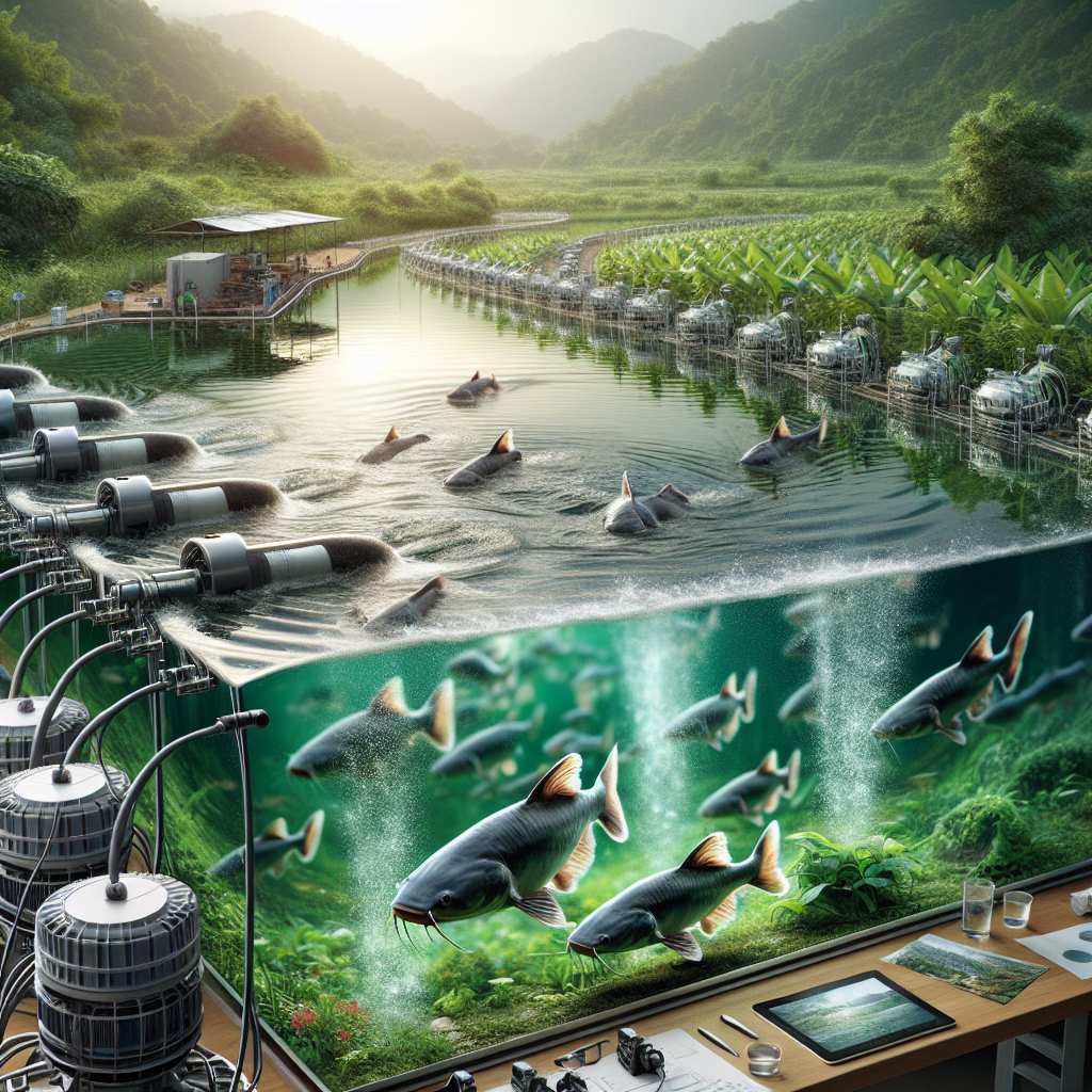 "Photo-realistic image of a catfish farming setup in a pond, featuring a vibrant green environment. The scene includes clear water with catfish swimming visibly, a modern aerator system in operation, and fish farming equipment around the pond. Captured in high detail using a Sony A7S camera profile, ensuring crisp focus and natural lighting."