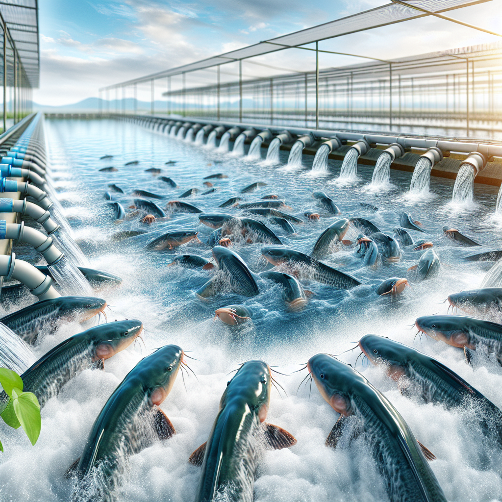 Photo-realistic image of a thriving catfish farm with flowing water, captured using a Sony A7S camera profile. The scene features multiple fish ponds with flowing water systems, showing healthy catfish and clean, well-maintained environments under a clear blue sky. The water appears fresh and dynamic, emphasizing the importance of water circulation in fish farming.