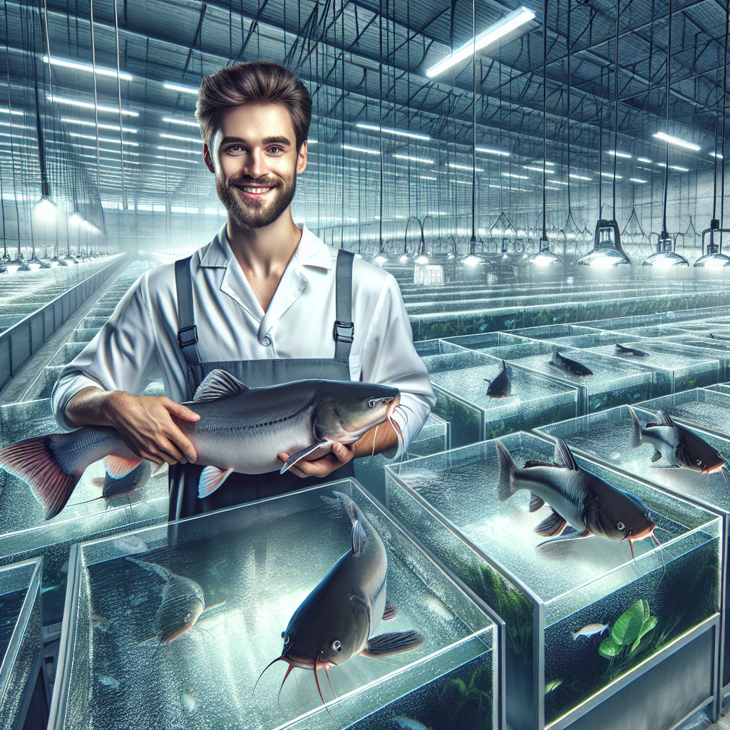 A photo-realistic image of a successful fish farmer proudly presenting a large, healthy catfish (lele) in a well-maintained, modern fish farming facility. The farmer is surrounded by advanced fish tanks with clear water, showcasing vibrant catfish. The setting is bright and clean, conveying efficiency and high-quality production. Captured using a Sony A7S camera profile for high clarity and detail, ensuring a sharp and vivid representation of the scene.