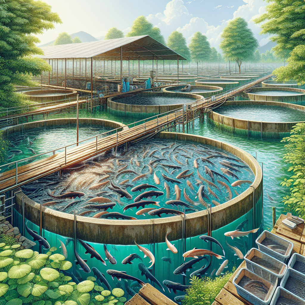 Photorealistic image of a catfish farm, showcasing the detailed setup of large tanks filled with water and swimming catfish. The setting is outdoors on a sunny day, surrounded by green vegetation. Captured using a Sony A7S camera profile to ensure high clarity and vibrant colors.