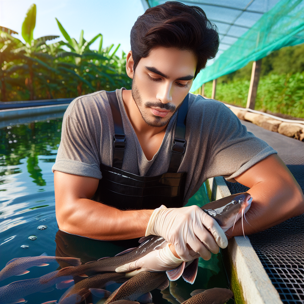 A photo-realistic image of a fish farmer carefully treating a catfish in a pond to prevent infection, captured with the clarity and detail of a Sony A7S camera. The farmer wears a protective apron and gloves while surrounded by the lush greenery of a sustainable aquaculture environment, with the calm water of the pond reflecting the clear sky above. The focus is on the detailed texture of the catfish and the attentive, caring expression of the farmer.