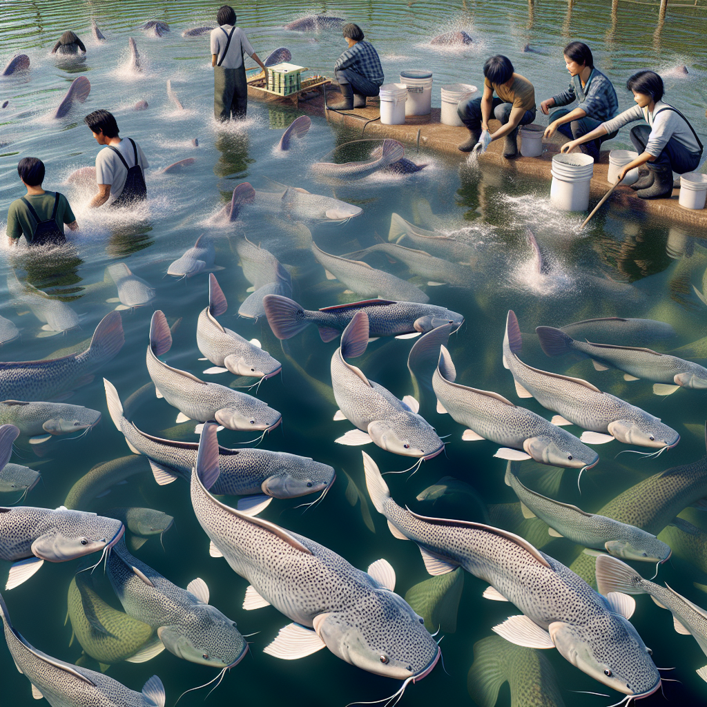 Photorealistic image of a freshwater catfish farm with several catfish in a pond. Some of the fish are exhibiting signs of common fish diseases, such as white spots and clouded eyes, while farm workers inspect and treat the fish. The image should show detailed textures of the fish and water under natural daylight conditions, captured with a Sony A7S camera profile.