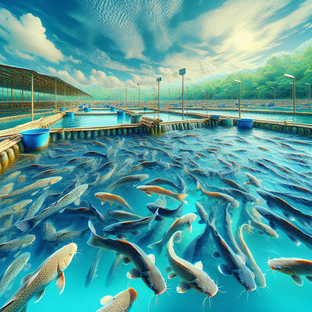 A photo-realistic image of a catfish pond at a fish farm, with clear blue water and healthy catfish swimming, captured with a Sony A7S camera profile, showcasing vibrant colors and sharp details, under a clear sky.