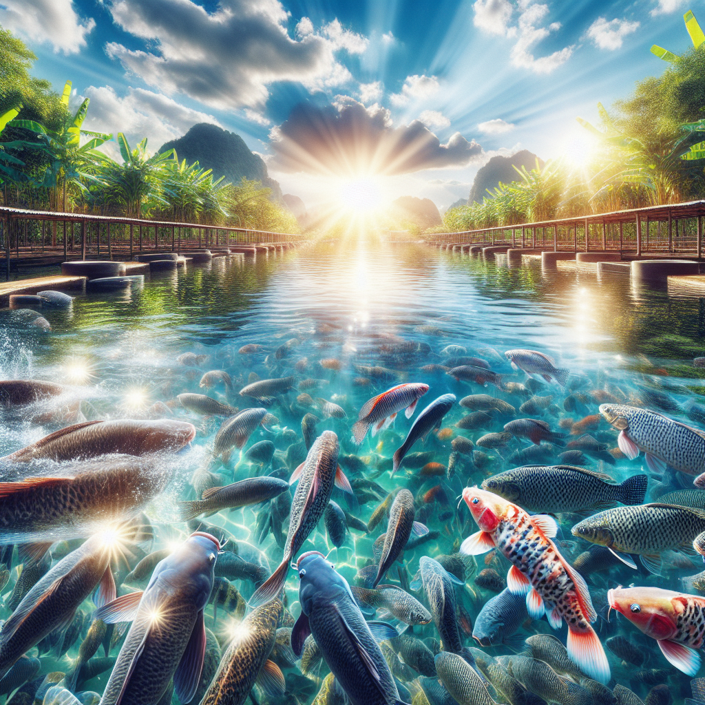 A photo-realistic image of a thriving fish farm with tilapia and catfish in various ponds under bright sunlight, showcasing clear water, healthy fish, and a bustling environment, captured with a Sony A7S camera profile for vivid and sharp details.