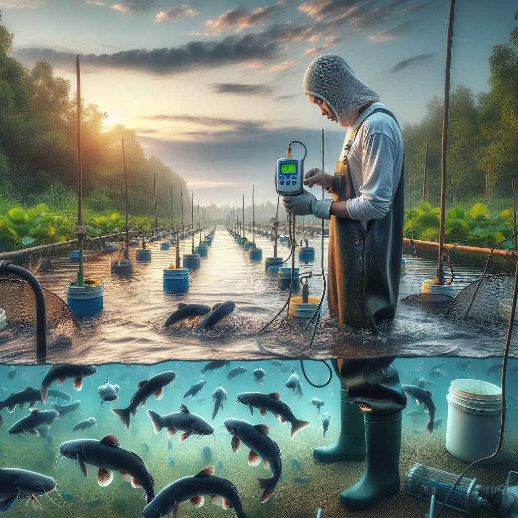 A highly detailed, photo-realistic image of a catfish farming scenario using the Sony A7S camera profile. The scene includes a farmer in rubber boots and overalls tending to a large, clear aquaculture pond filled with catfish. The background features lush greenery and a blue sky, with a few scattered clouds. The farmer is adjusting a water PH meter, surrounded by feeding equipment and fish netting gear, showcasing the technology and challenges of modern fish farming.