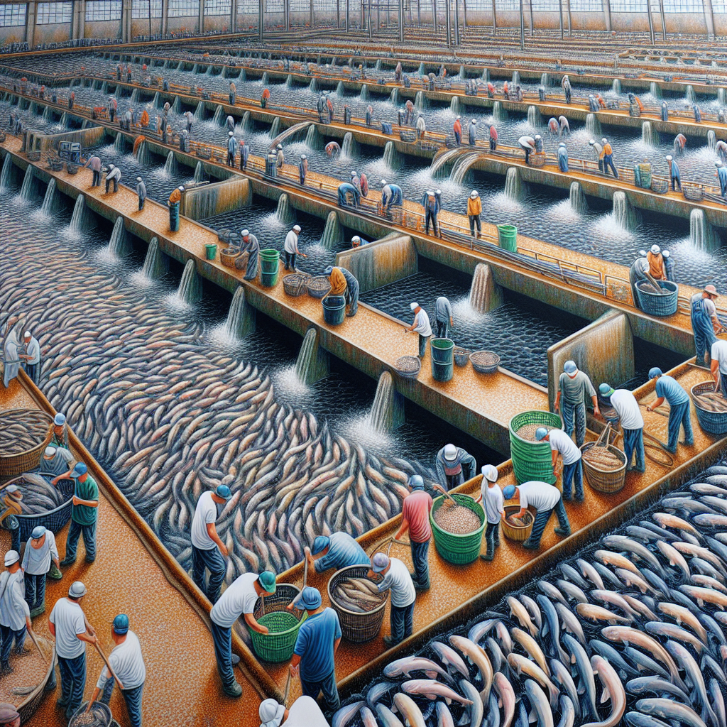 A photo-realistic image of a bustling fish farming facility, focusing on a large tank filled with lively catfish, captured with a Sony A7S profile camera for sharp details and vibrant colors, showcasing workers harvesting fresh catfish nuggets with efficiency and precision.