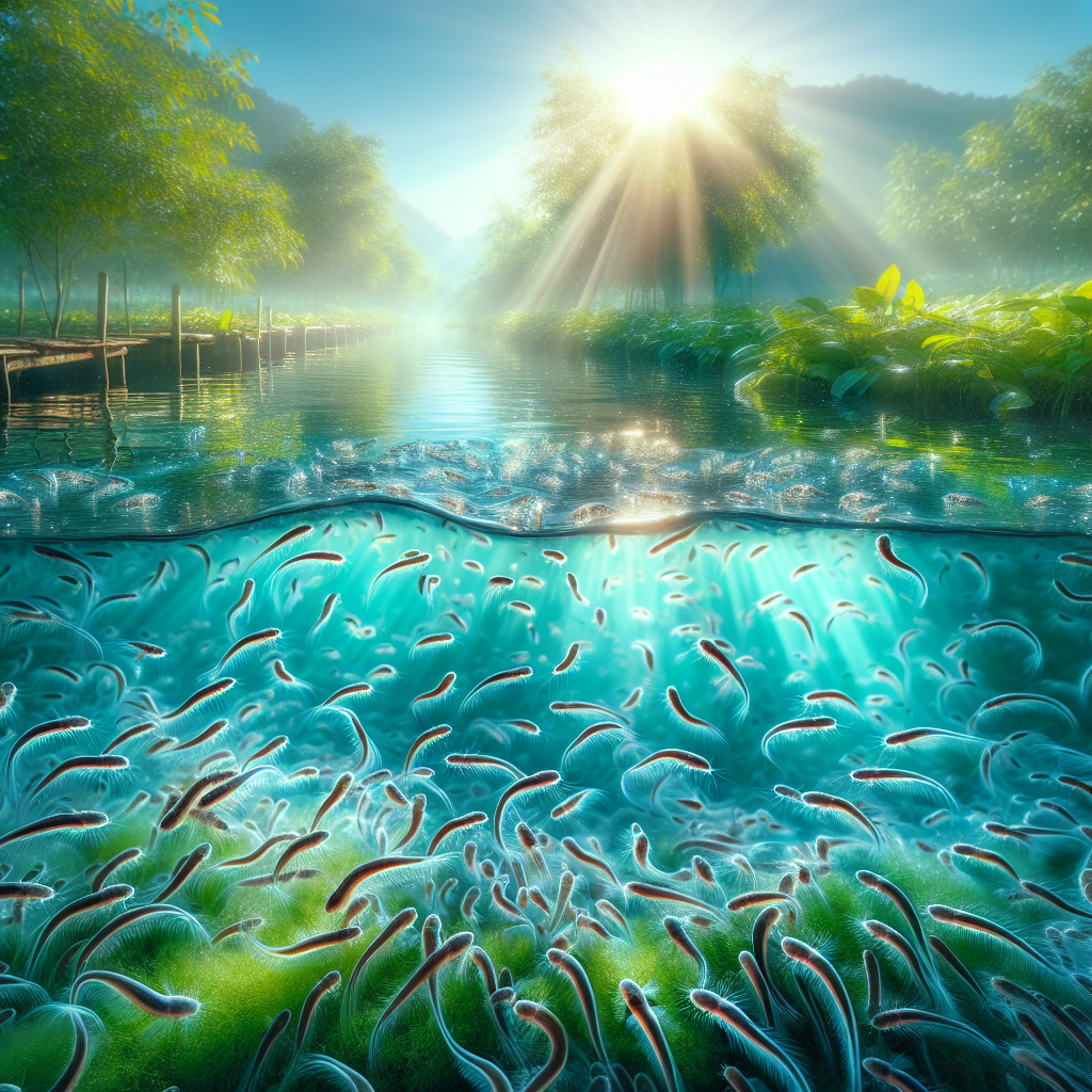 "A photo-realistic image of a fish farming scene with a focus on larval catfish in a pond, captured in sharp detail using a Sony A7S camera profile. The setting shows a lush natural environment with clear water, showcasing the fragility and care involved in raising young catfish, as sunlight gently illuminates the scene."