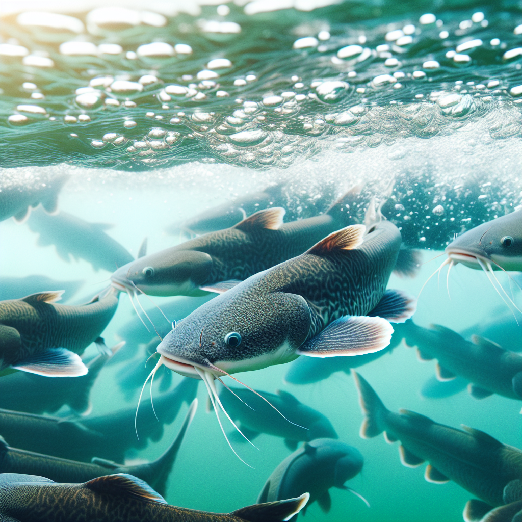 Close-up photo of catfish swimming in a well-maintained fish farming pond, showing clear water and healthy, shiny catfish. The image is captured with a Sony A7S camera, showcasing vibrant colors and fine details, emphasizing the sustainability and cleanliness of the aquaculture environment.