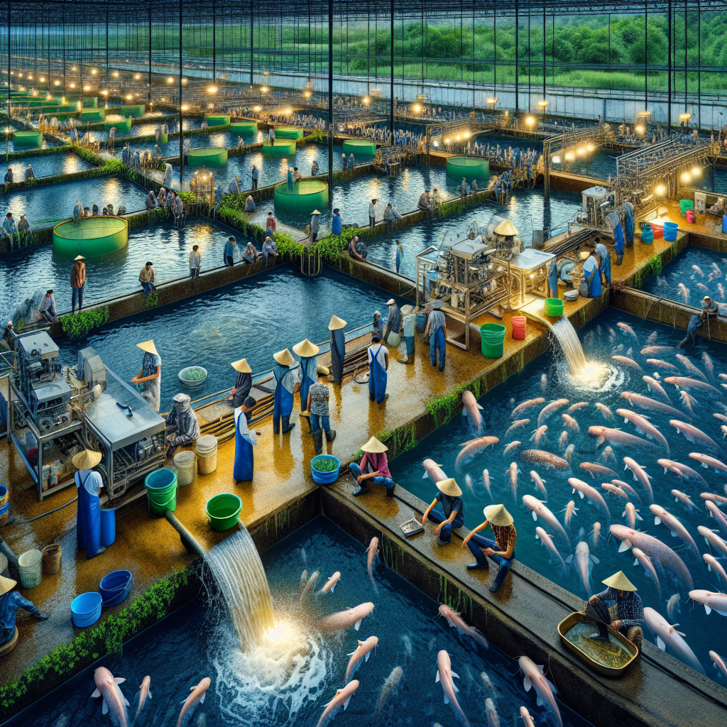 "A photo-realistic image of a bustling fish farming setup focused on catfish (lele) production. The scene should depict multiple ponds filled with catfish, surrounded by workers managing and observing the environment. The setting is vibrant and detailed, showcasing the equipment and infrastructure required for a successful fish farm. Capture this image using a Sony A7S camera profile to ensure clarity and sharpness, with vivid colors and precise lighting that highlights the water and the fish in the ponds."