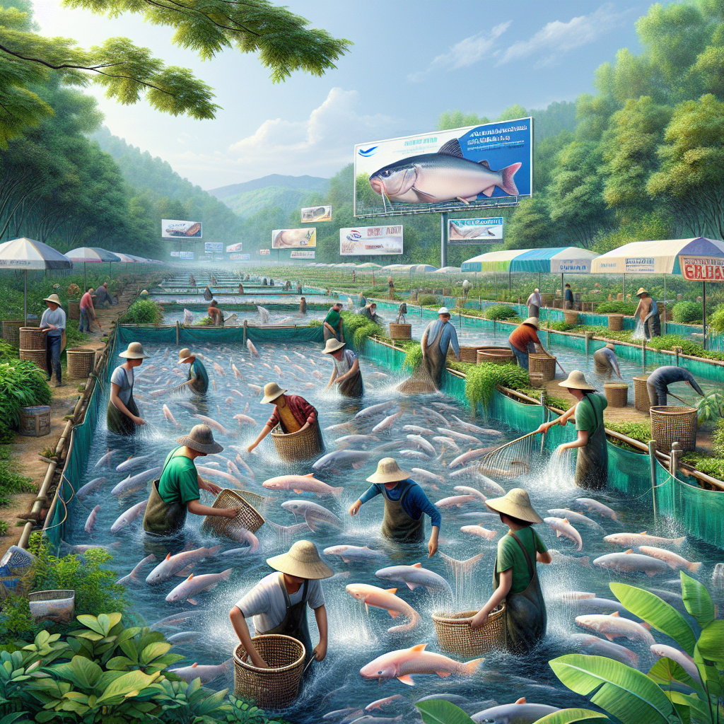 "A photo-realistic image of a thriving catfish farm featuring lele fish, taken with a Sony A7S camera profile. The scene captures clear pools of water where the fish are being raised, surrounded by lush greenery. Farmers are actively engaged in harvesting the fish, showcasing an effective marketing strategy with banners and signage promoting the produce. The image is sharp and vibrant, with no blur, highlighting the efficiency and success of the fish farming business."