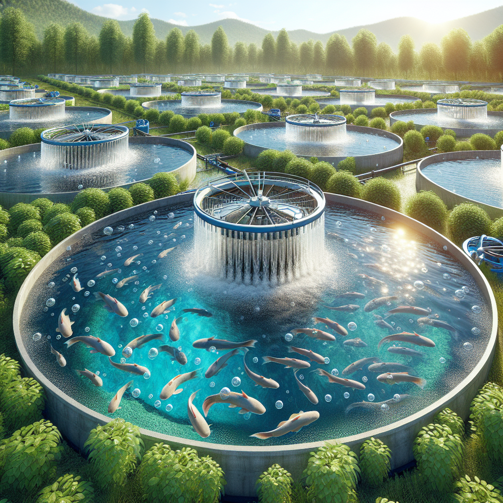 Photo-realistic image of a modern biofloc fish farming system for catfish cultivation, taken with a Sony A7S camera profile. The setting is outdoors with clear blue water in large circular tanks surrounded by green vegetation. The scene includes aerators creating bubbles on the water surface and healthy catfish swimming inside the tank. The area is well-organized with pathways, and the lighting is natural, capturing a vibrant and sustainable aquaculture environment.