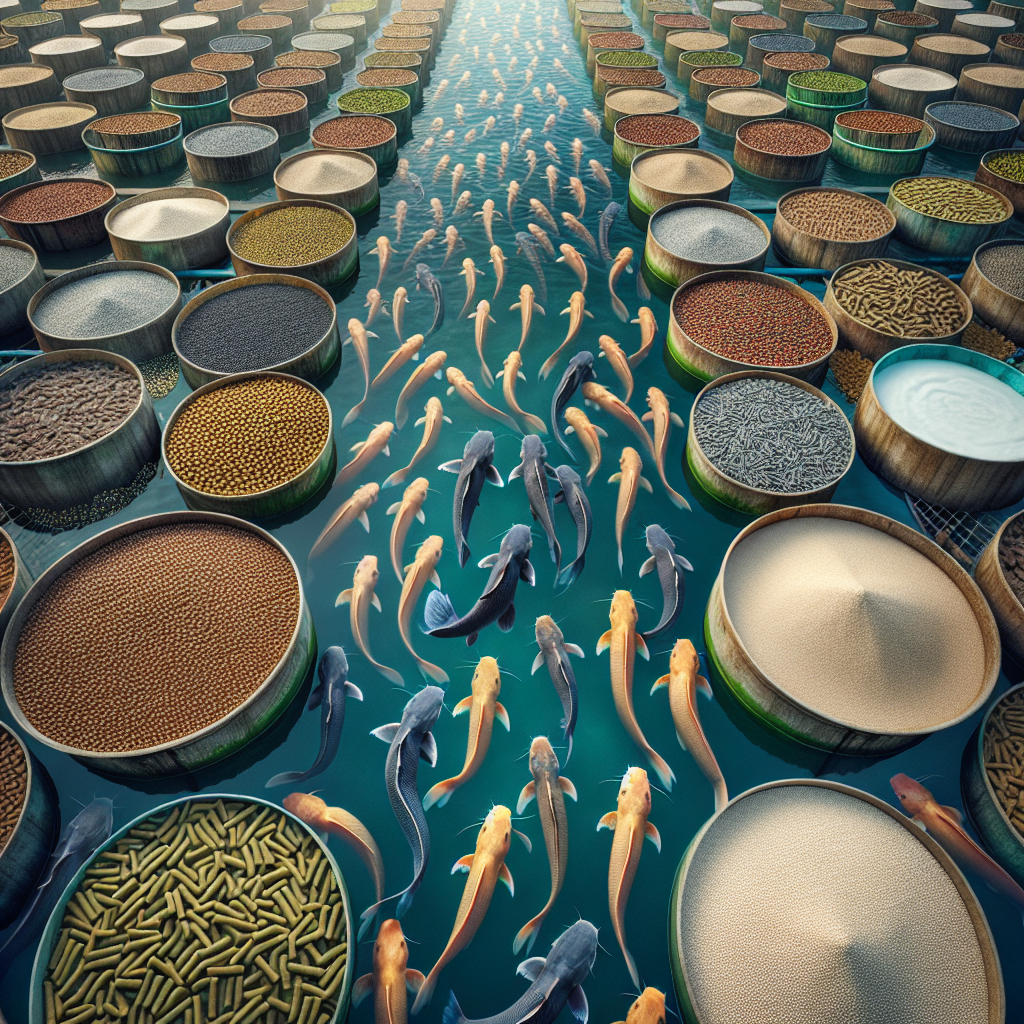 A photo-realistic image of a fish farm with various types of alternative feed for catfish neatly arranged in containers. The scene is captured with a Sony A7S camera profile, highlighting the textures and details of the natural environment, reflecting a clear and focused depiction of a sustainable aquaculture practice.