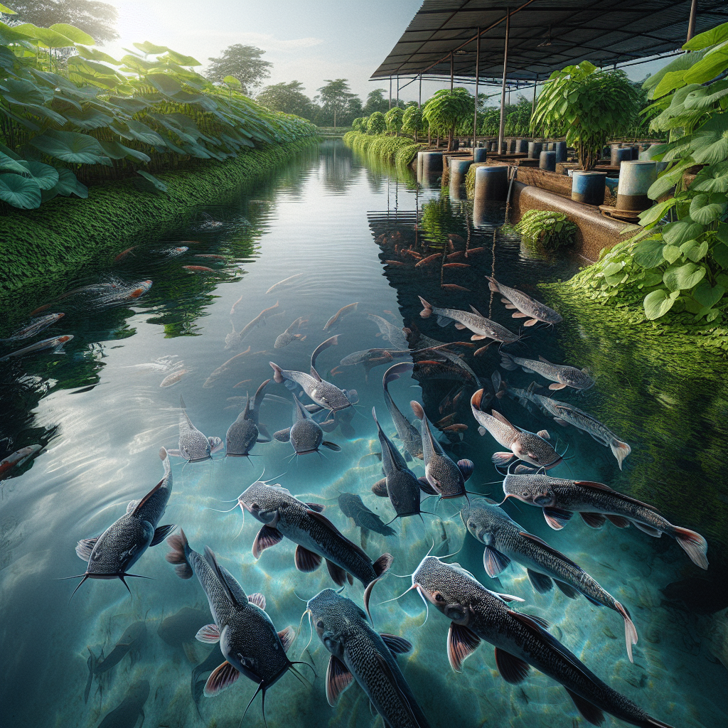 "A photo-realistic image of a fish farm with catfish (lele) swimming in a clear pond. The environment is well-maintained with healthy plants around the pond. The scene is captured using a Sony A7S camera profile, showing vivid details of the catfish and their habitat. The setting is under a clear sky, with the sunlight creating a serene reflection on the water surface. The image is sharp and clear, depicting a tranquil and healthy fish farming environment."