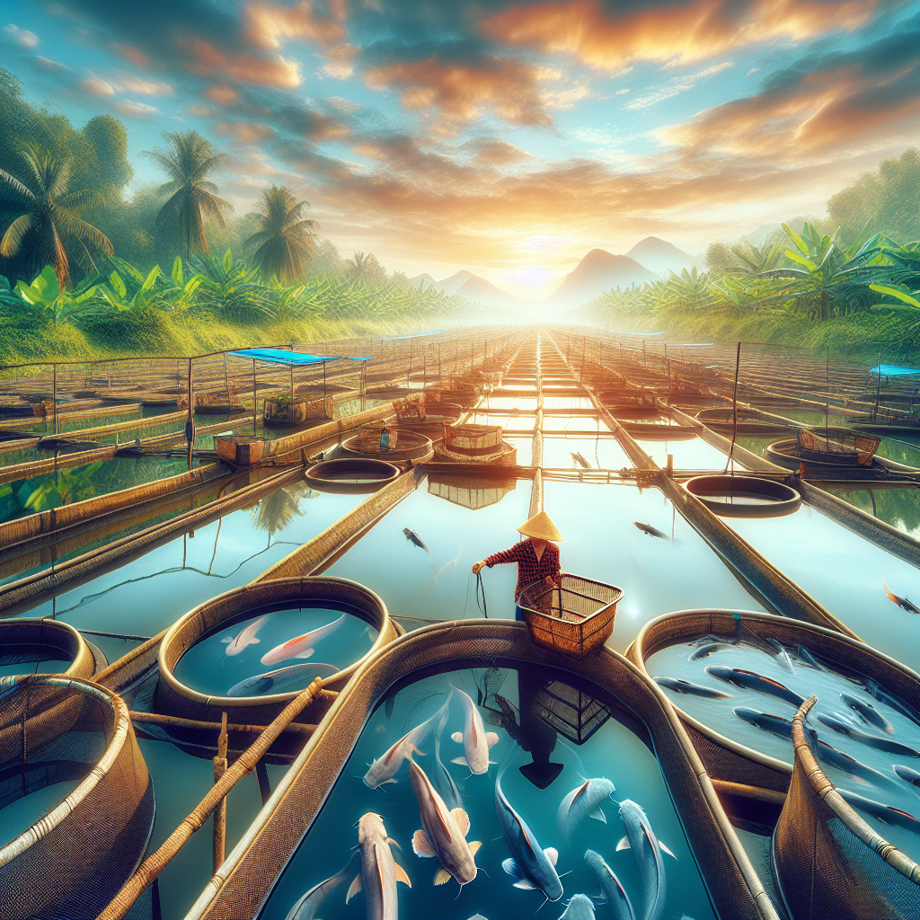 "Photo-realistic image of a traditional fish farming setup for lele (catfish) in Indonesia, captured with a Sony A7S camera profile: rows of large, well-maintained fish ponds under clear skies, surrounded by lush green vegetation, with a farmer assessing the fish quality and equipment, vibrant natural colors, and high clarity."