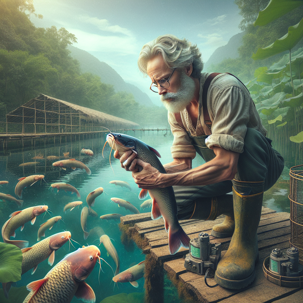 A photo-realistic image of a fish farmer examining a catfish in a small fish farm setting with concern. The farmer is standing beside a pond, wearing a casual outfit, and closely inspecting the fish for signs of illness. The setting includes other healthy catfish swimming in clear water, some aquatic plants, and equipment in the background. The image is captured with a Sony A7S camera profile for high detail and clarity.