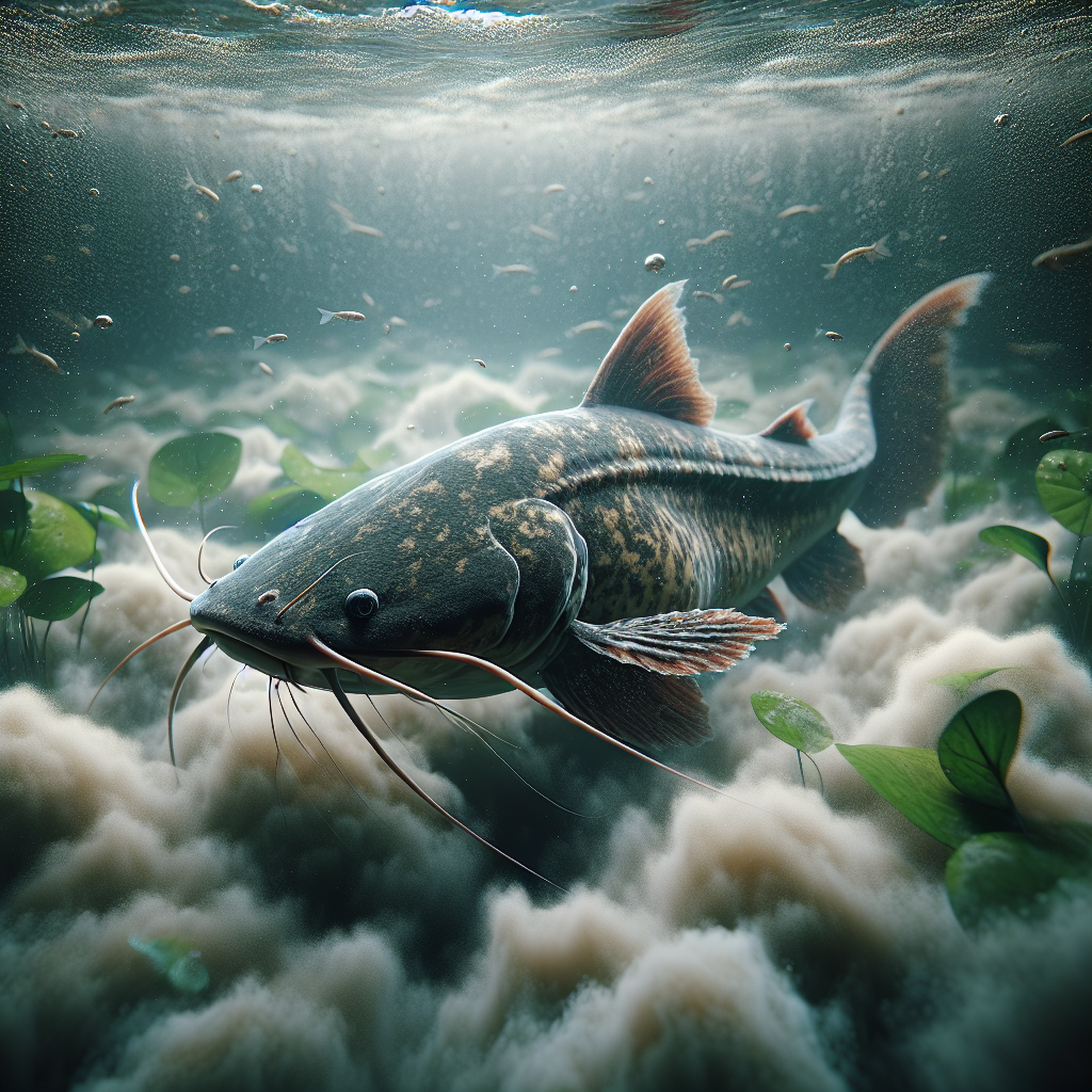 A photorealistic image of a catfish thriving in a murky fish farming pond, captured with a Sony A7S camera profile. The scene should show the catfish swimming energetically, with visible details of its scales and barbels. The water should appear slightly muddy, with hints of aquatic plants and bubbles, giving a sense of a lively and natural habitat.