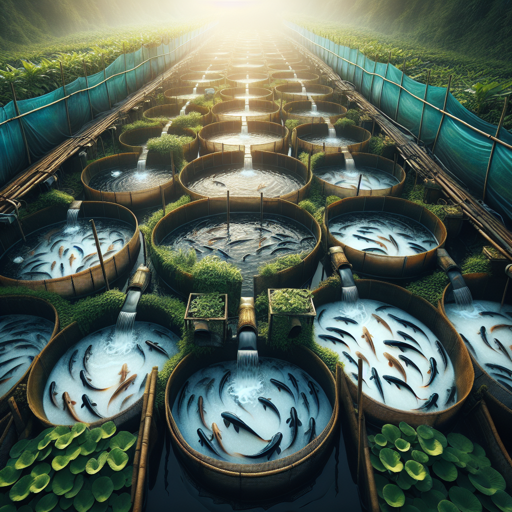 A photo-realistic image of a small, compact, and well-organized catfish (lele) farming setup on a narrow piece of land, captured with a Sony A7S camera profile. The scene includes neatly arranged fish tanks or ponds filled with water, where catfish are visible swimming. The surroundings are lush with greenery, emphasizing efficient use of limited space for sustainable aquaculture. The lighting is natural and clear, highlighting the vibrant details of the environment and the fish.