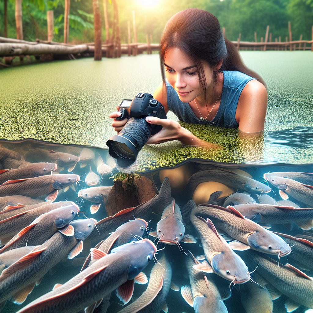 "Photo-realistic image of a fish farmer in a pond inspecting mature catfish ready for harvest. The water is clear, showing the healthy, full-grown catfish swimming close to the surface. The scene is captured with the clarity and detail of a Sony A7S camera, emphasizing the vibrant colors of the fish and the surrounding natural environment."