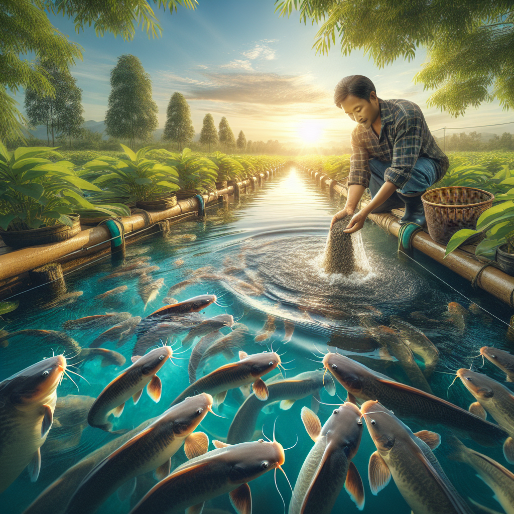 A photo-realistic image of a thriving fish farming setup featuring healthy catfish (lele) swimming in clear water ponds under a clear blue sky. Taken with a Sony A7S camera profile, showcasing vibrant greenery surrounding the ponds and a farmer gently feeding the fish with specialized feed. The image captures the essence of successful aquaculture with detailed textures and natural lighting.