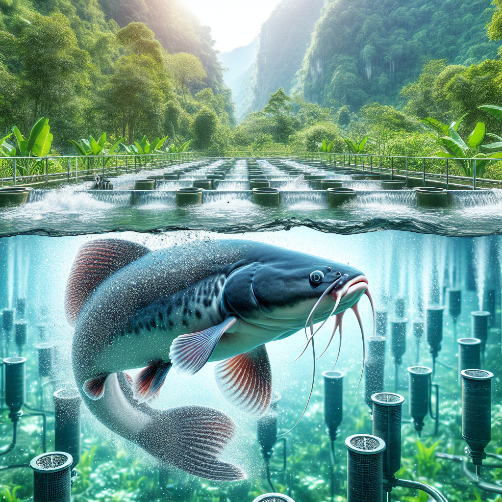 "Photo-realistic image of healthy catfish swimming in a well-maintained fish farming pond, using a Sony A7S camera profile, showcasing clear water, proper aeration, and natural surroundings."