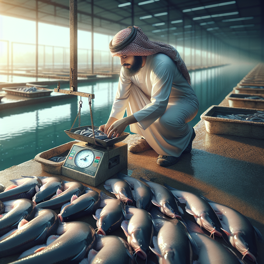 A photo-realistic image of a fish farmer sorting through a pile of fresh catfish (lele) next to a weighing scale. The scene is set in a well-maintained fish farm with clean water ponds in the background. The lighting is natural and warm, and the image is taken using a Sony A7S camera profile for high clarity and detail, capturing the texture and sheen of the catfish's skin.