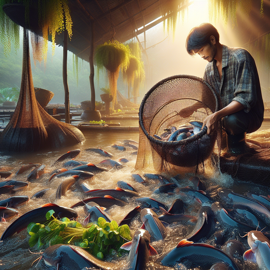 A photo-realistic image of a fish farmer harvesting catfish in a large, well-maintained aquaculture pond. The scene shows hundreds of catfish being gathered in a net, with a backdrop of a lush green environment. The lighting emphasizes the shiny texture of the fish scales and the farmer's determined expression. Captured using a Sony A7S camera profile for sharp, high-quality detail.