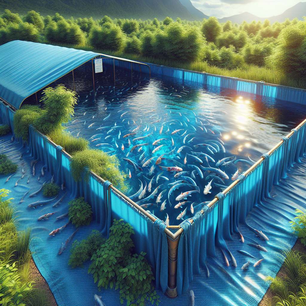 A high-resolution, photorealistic image of a durable tarpaulin fish pond designed for catfish farming. The setting is outdoors, under clear skies, with the pond filled with water. The vibrant blue color of the tarpaulin contrasts with the lush green surroundings. The catfish are visible, swimming actively, and the image captures fine details like the texture of the tarpaulin and the reflections on the water. Shot with a Sony A7S camera profile for clarity and sharpness.