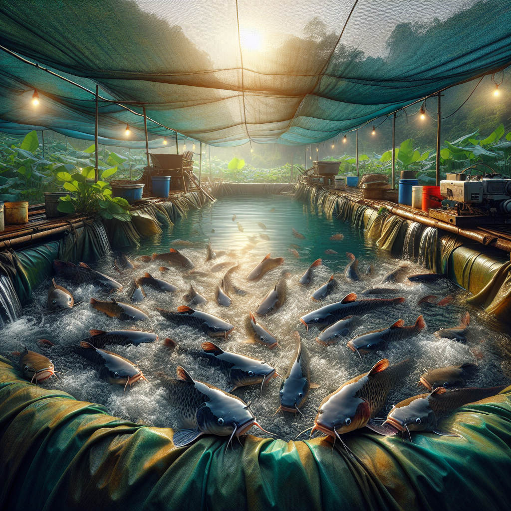 A photo-realistic image of a fish farming setup focusing on catfish (lele) in a tarpaulin pond, captured using a Sony A7S camera profile. The scene shows clear water with healthy catfish swimming, surrounded by greenery and farming equipment. The lighting highlights the vibrant colors and textures of the fish and the pond, with a focus on detail and clarity.